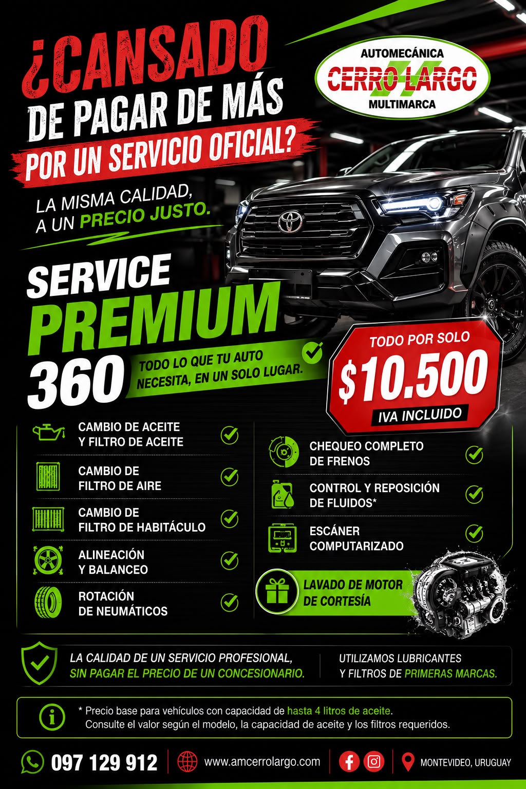 Promo Service Premium 360 por $10.500 IVA incluido: cambio de aceite y filtros, alineación, balanceo, chequeo de frenos y lavado de motor de cortesía
