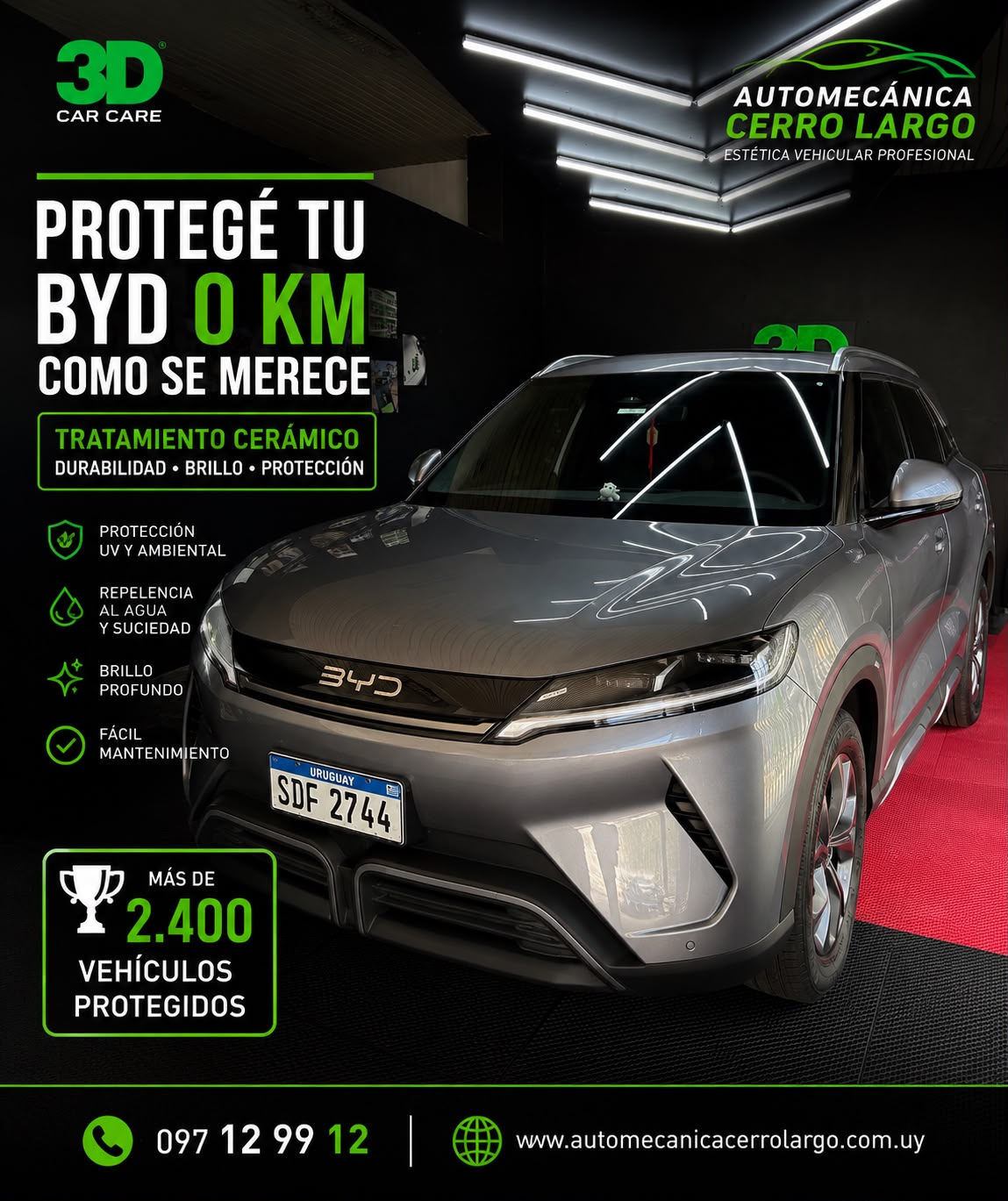 Tratamiento cerámico para BYD 0km: protección UV, repelencia al agua y brillo profundo, más de 2.400 vehículos protegidos