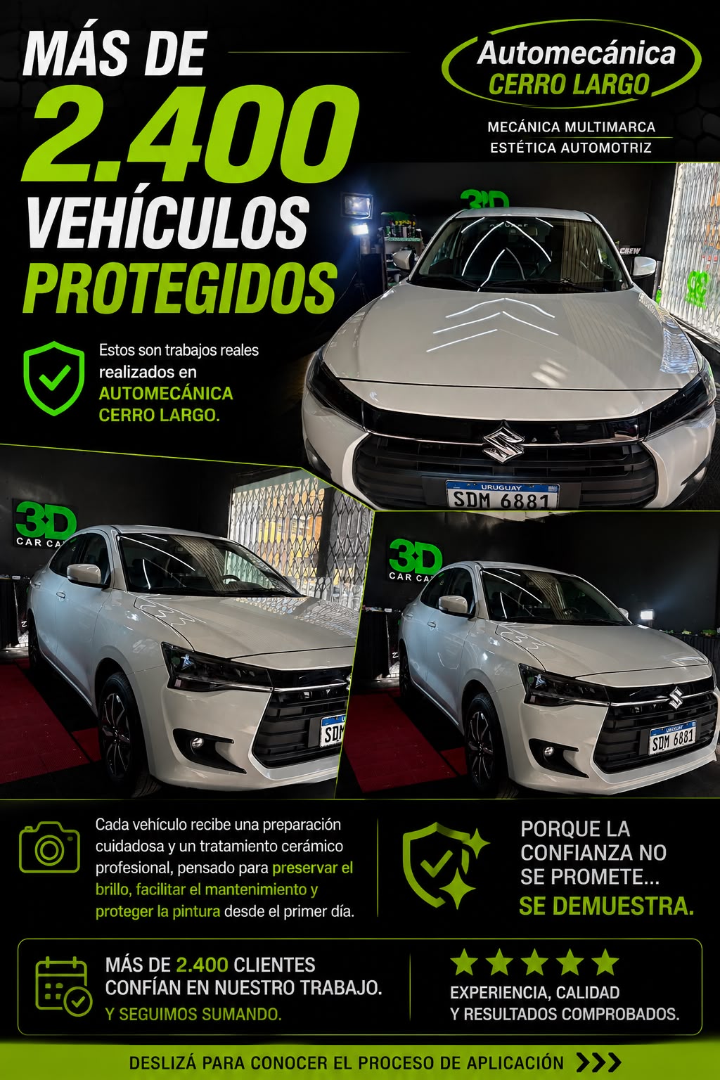Más de 2.400 vehículos protegidos con tratamiento cerámico, trabajos reales realizados en Automecánica Cerro Largo